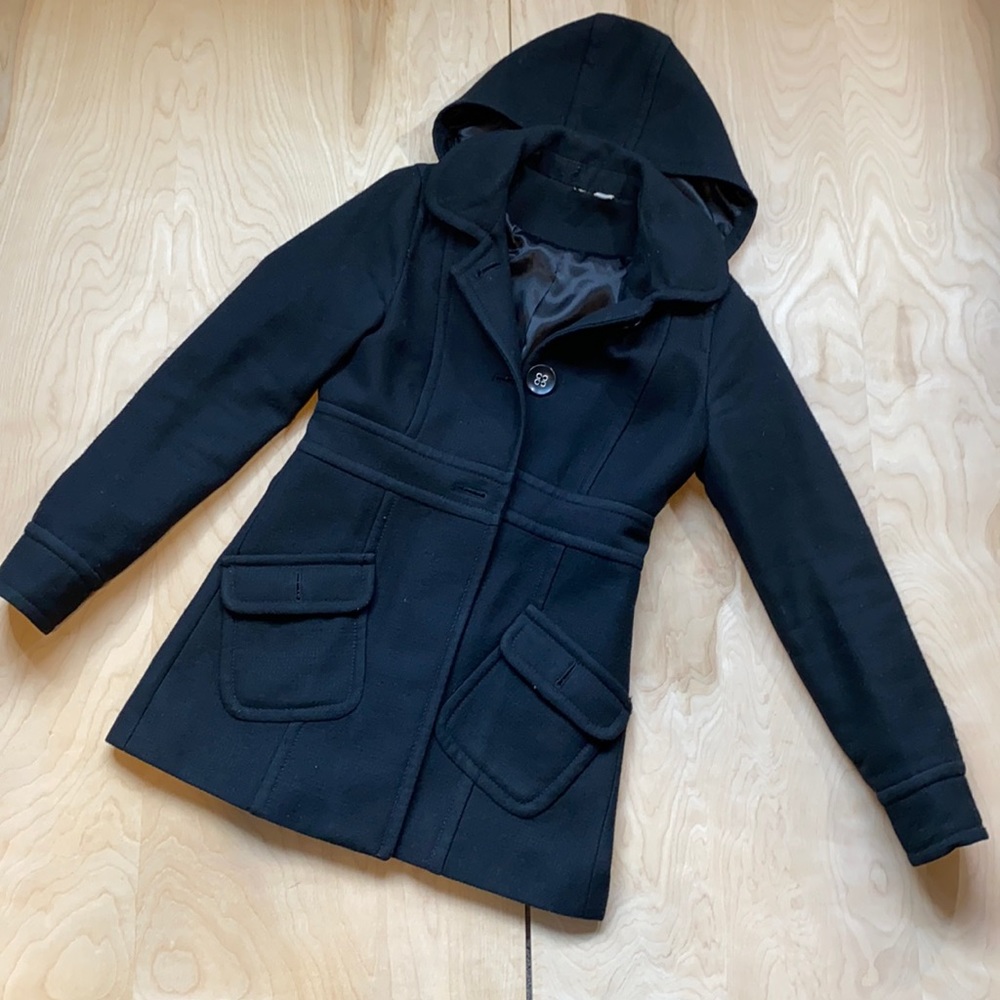 Black pea coat with removable hood.